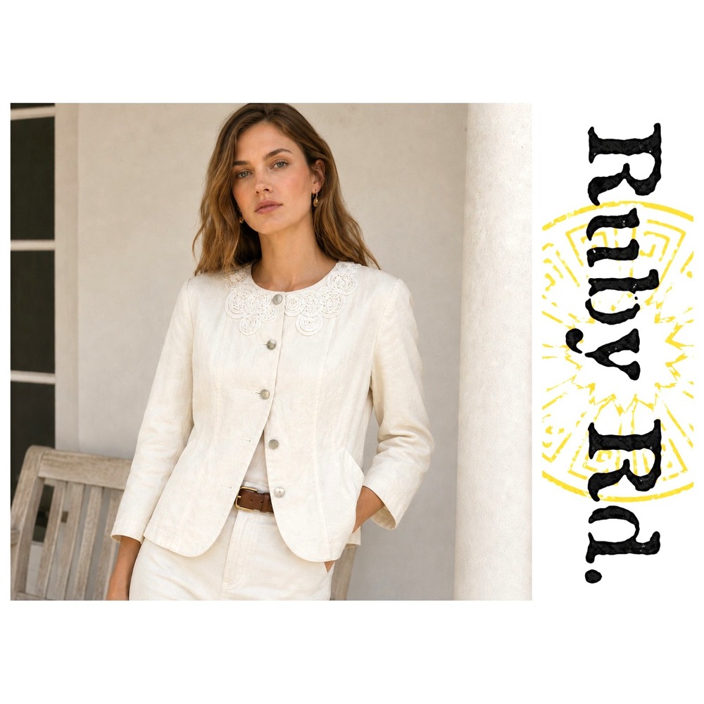 Ruby Rd. Ivory Embroidered Linen Blend Button Down Blazer Jacket 10 NWT